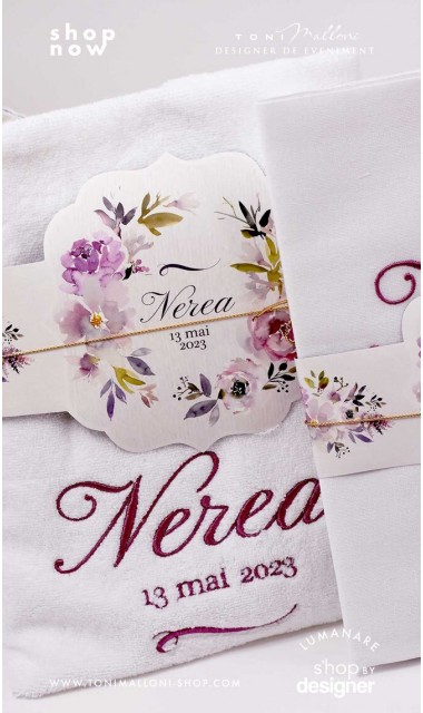 Trusou botez cu flori roz si mov Purple Flowers 3